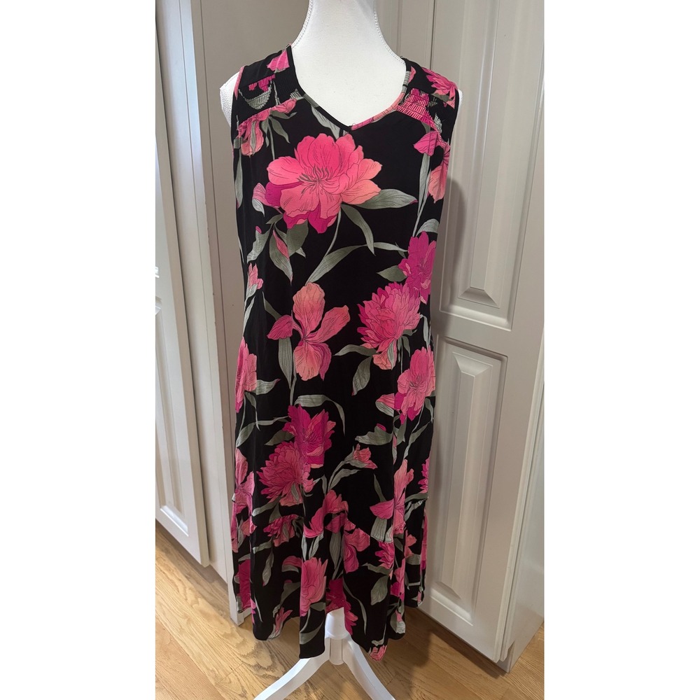 Chico's Black Pink Floral Maxi Dress Sleeveless Summer Casual Size Small EUC